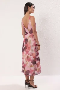 TRENDYOLMİLLA Multicolored Fitted Abstract with bow Maxi Tulle Flexible Knitting Dress - Image 4
