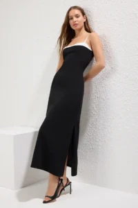 TRENDYOLMİLLA Black Color Bloklu Accessory Detailed Maxi Crepe Knitting Dress