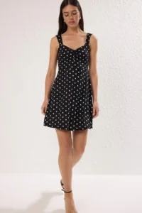 TRENDYOLMİLLA Black Sleeveless Puantiye Printed Ruffled Skirt Ribbed Flexible Mini Knitting Dress