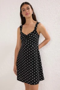 TRENDYOLMİLLA Black Sleeveless Puantiye Printed Ruffled Skirt Ribbed Flexible Mini Knitting Dress - Image 2