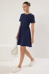 TRENDYOLMİLLA Navy Blue Plain Short / Mini 100% Cotton skater  Knitting Dress - Image 2