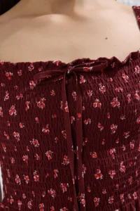 TRENDYOLMİLLA Burgundy Floral Skirt Opened at Waist Binding Detailed Short / Mini  Weaving Dress - Image 3