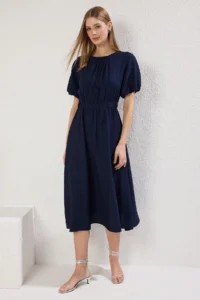 TRENDYOLMİLLA Navy Blue Plain A Cut Balloon Sleeve Midi Weaving Dress - Image 2
