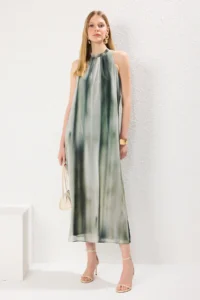 TRENDYOLMİLLA Green Abstract Patterned Plain Kesim Binding Detailed Maxi Weaving Dress