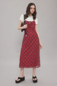 TRENDYOLMİLLA Rejection Binding Detailed Checkered Tulle Maxi Flexible Knitting Dress