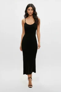 TRENDYOLMİLLA Black Striped Midi Ribbed A-line Dress