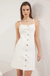 TRENDYOLMİLLA White Front buttoned Sewing Detailed Mini comfort/Flexible denim Dress