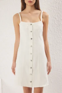 TRENDYOLMİLLA White Front buttoned Sewing Detailed Mini comfort/Flexible denim Dress - Image 3