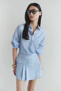 TRENDYOLMİLLA Mavi Striped Shirt Detailed Mini Weaving Dress