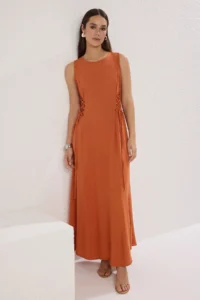 TRENDYOLMİLLA Brown Plain A Cut eyelet Detailed Maxi Weaving Dress