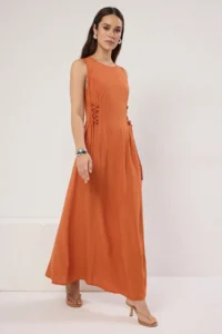 TRENDYOLMİLLA Brown Plain A Cut eyelet Detailed Maxi Weaving Dress - Image 2
