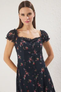 TRENDYOLMİLLA Navy Blue Floral Lined Siphon Flight Flight Weaving Midi Shirt Dress - Image 2