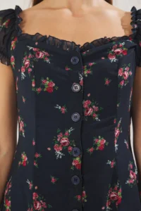 TRENDYOLMİLLA Navy Blue Floral Lined Siphon Flight Flight Weaving Midi Shirt Dress - Image 3