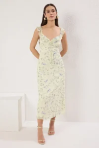 TRENDYOLMİLLA Yellow Floral A Cut Frilly Siphon Flight Flight Weaving Midi Dress - Image 2