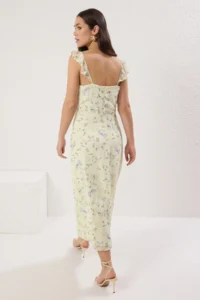 TRENDYOLMİLLA Yellow Floral A Cut Frilly Siphon Flight Flight Weaving Midi Dress - Image 3