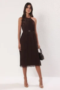 TRENDYOLMİLLA Brown Arched pleated Siphon Flight Flight Weaving Midi Dress