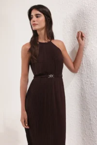 TRENDYOLMİLLA Brown Arched pleated Siphon Flight Flight Weaving Midi Dress - Image 2