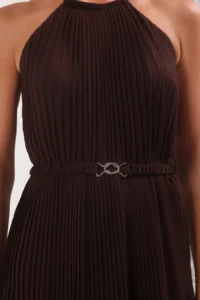 TRENDYOLMİLLA Brown Arched pleated Siphon Flight Flight Weaving Midi Dress - Image 3