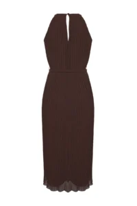 TRENDYOLMİLLA Brown Arched pleated Siphon Flight Flight Weaving Midi Dress - Image 6