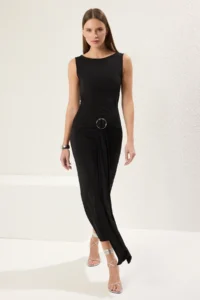 TRENDYOLMİLLA Black Plain Maxi Accessory Detailed Flexible  Knitting Dress