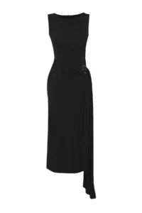 TRENDYOLMİLLA Black Plain Maxi Accessory Detailed Flexible  Knitting Dress - Image 5