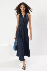 TRENDYOLMİLLA Dark Blue Skirt with flywheel Binding Detailed Barbell Collar Maxi denim Dress