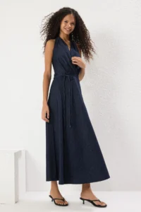 TRENDYOLMİLLA Dark Blue Skirt with flywheel Binding Detailed Barbell Collar Maxi denim Dress - Image 2