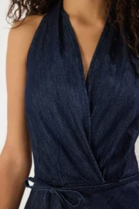 TRENDYOLMİLLA Dark Blue Skirt with flywheel Binding Detailed Barbell Collar Maxi denim Dress - Image 3