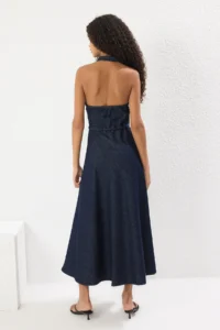 TRENDYOLMİLLA Dark Blue Skirt with flywheel Binding Detailed Barbell Collar Maxi denim Dress - Image 4