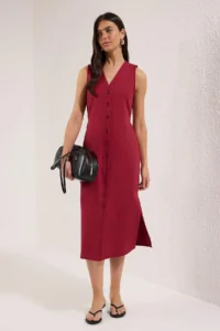 TRENDYOLMİLLA Wine Rengi Belted linen blended Midi Weaving Shirt Dress