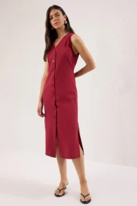TRENDYOLMİLLA Wine Rengi Belted linen blended Midi Weaving Shirt Dress - Image 2