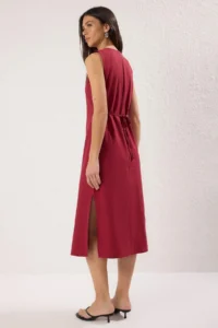 TRENDYOLMİLLA Wine Rengi Belted linen blended Midi Weaving Shirt Dress - Image 4