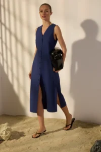 TRENDYOLMİLLA Navy Blue Belted linen blended Midi Weaving Shirt Dress