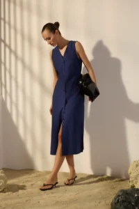 TRENDYOLMİLLA Navy Blue Belted linen blended Midi Weaving Shirt Dress - Image 2
