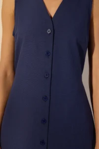 TRENDYOLMİLLA Navy Blue Belted linen blended Midi Weaving Shirt Dress - Image 3