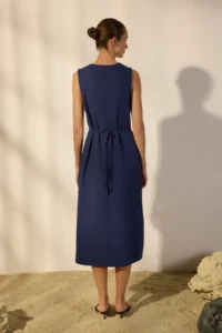 TRENDYOLMİLLA Navy Blue Belted linen blended Midi Weaving Shirt Dress - Image 4