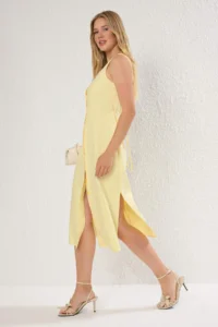 TRENDYOLMİLLA Light Yellow  Belted linen blended Midi Weaving Shirt Dress - Image 2