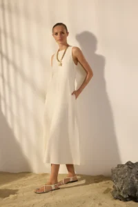 TRENDYOLMİLLA White linen blended Plain Cut Sewing and Pocket Detail Midi Weaving Dress