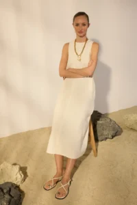 TRENDYOLMİLLA White linen blended Plain Cut Sewing and Pocket Detail Midi Weaving Dress - Image 2