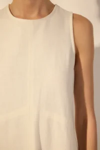TRENDYOLMİLLA White linen blended Plain Cut Sewing and Pocket Detail Midi Weaving Dress - Image 3