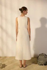 TRENDYOLMİLLA White linen blended Plain Cut Sewing and Pocket Detail Midi Weaving Dress - Image 4