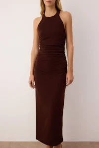 TRENDYOLMİLLA Brown Plain Ruffle / Drape Midi Twist Detailed Flexible Knitting Dress - Image 3