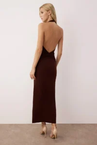 TRENDYOLMİLLA Brown Plain Ruffle / Drape Midi Twist Detailed Flexible Knitting Dress - Image 4