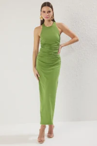TRENDYOLMİLLA Oil Green Plain Ruffle / Drape Midi Twist Detailed Flexible Knitting Dress