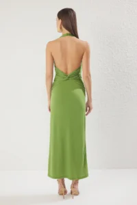 TRENDYOLMİLLA Oil Green Plain Ruffle / Drape Midi Twist Detailed Flexible Knitting Dress - Image 4