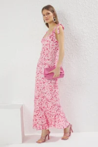 TRENDYOLMİLLA Multicolored Plain Binding Detailed Maxi Abstract Printed Binding Detailed Flexible  Knitting Dress