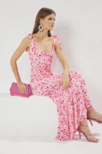 TRENDYOLMİLLA Multicolored Plain Binding Detailed Maxi Abstract Printed Binding Detailed Flexible  Knitting Dress - Image 2