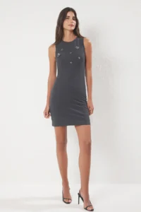 TRENDYOLMİLLA Anthracite Flower with accessories bodycone/Fitting Mini Knitting Dress