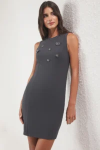 TRENDYOLMİLLA Anthracite Flower with accessories bodycone/Fitting Mini Knitting Dress - Image 2
