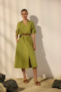 TRENDYOLMİLLA Khaki Arched linen blended Pocket Detail Midi Weaving Shirt Dress - Image 2